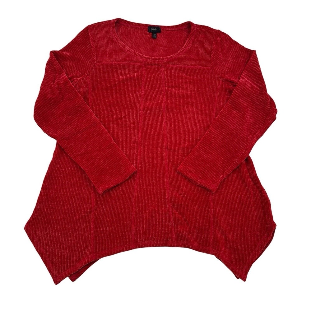 Rafaella Women L Red Ribbed Chenille Sharkbite Hem Long Sleeve Top Tomato Girl